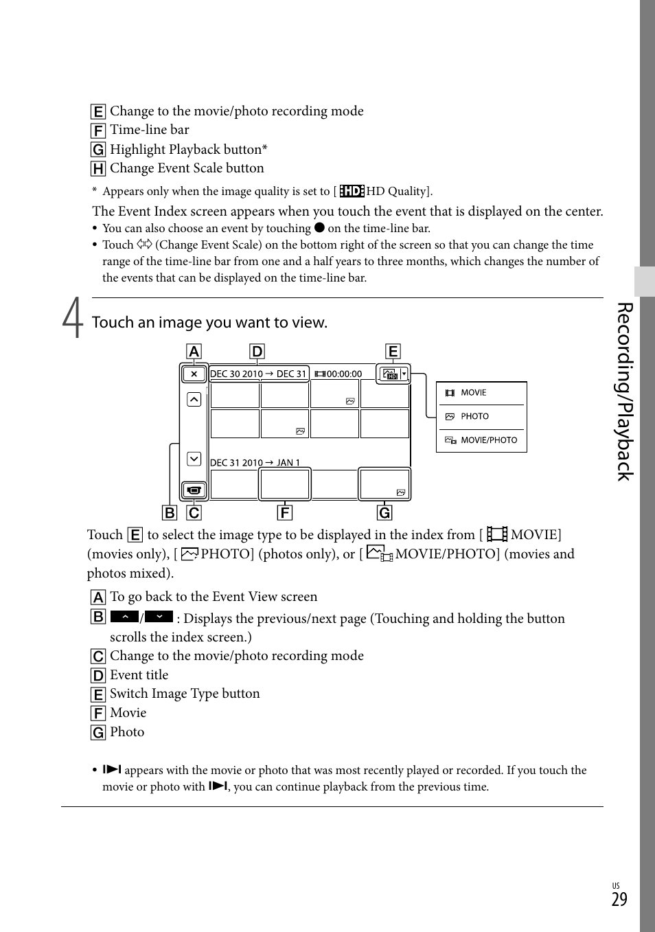 Rec or ding/p la yback | Sony HDR-CX130 User Manual | Page 29 / 143