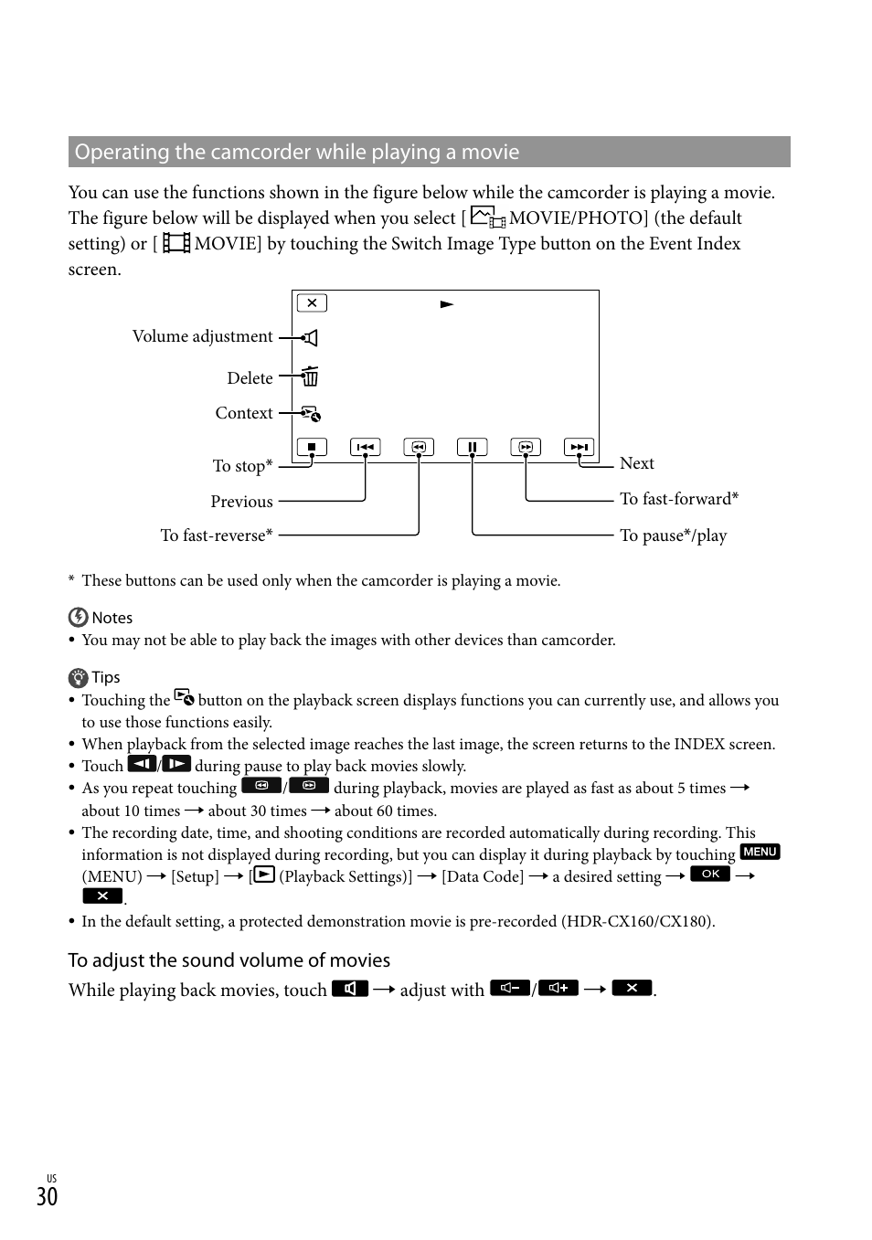 Operating the camcorder while playing a movie | Sony HDR-CX130 User Manual | Page 30 / 143