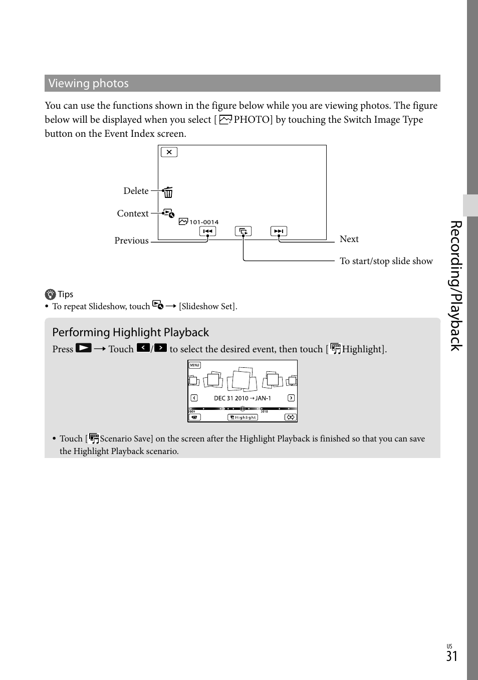 Performing highlight playback, Rec or ding/p la yback | Sony HDR-CX130 User Manual | Page 31 / 143