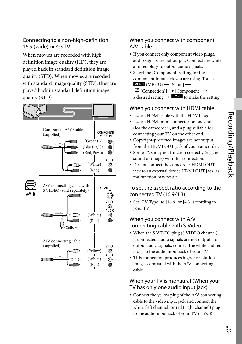 Rec or ding/p la yback, When you connect with component a/v cable, When you connect with hdmi cable | Sony HDR-CX130 User Manual | Page 33 / 143