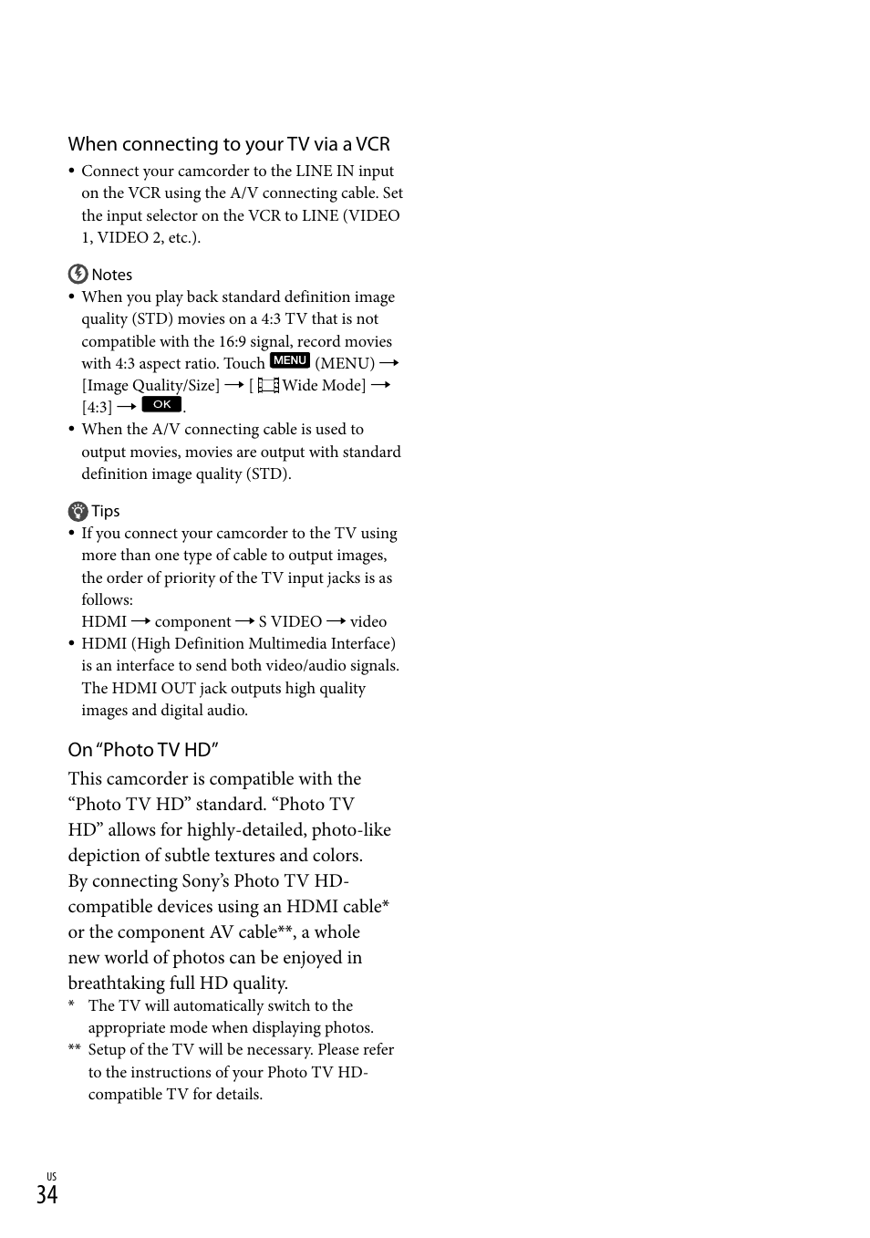 When connecting to your tv via a vcr, On “photo tv hd | Sony HDR-CX130 User Manual | Page 34 / 143