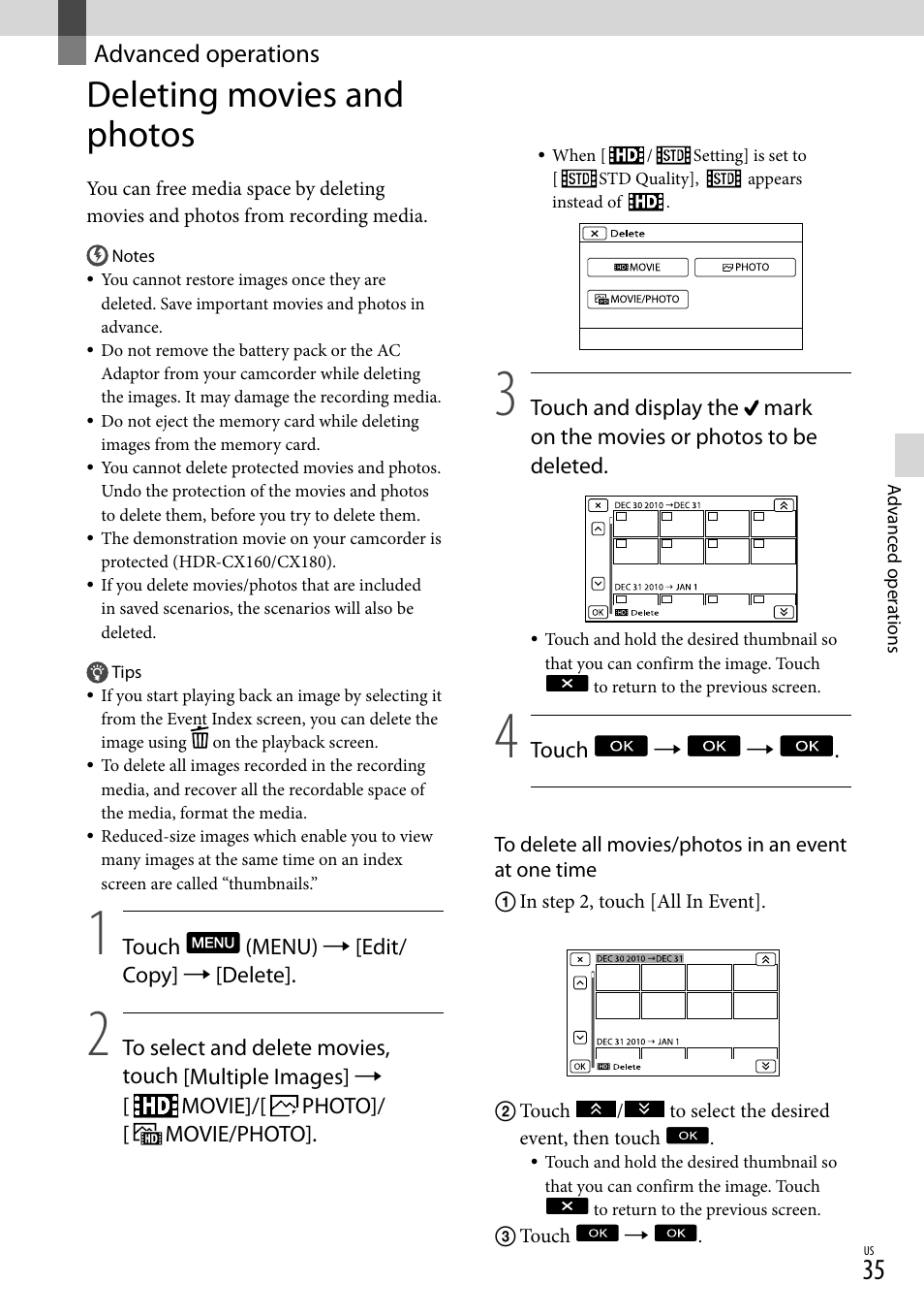 Advanced operations, Deleting movies and photos | Sony HDR-CX130 User Manual | Page 35 / 143