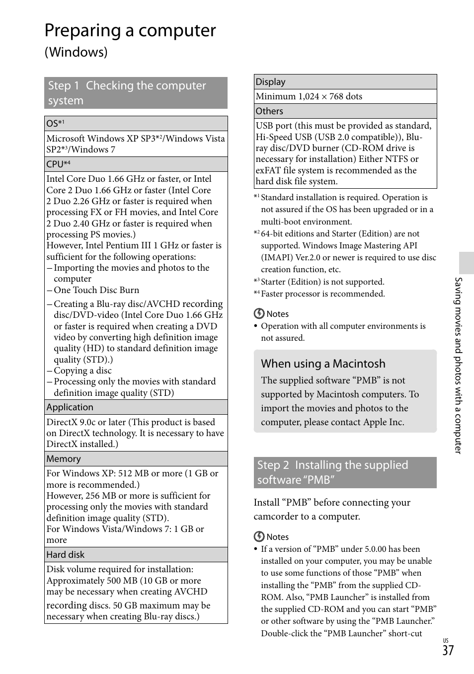 Preparing a computer (windows), When using a macintosh, Preparing a computer | Windows), Step 1 checking the computer system, Step 2 installing the supplied software “pmb | Sony HDR-CX130 User Manual | Page 37 / 143