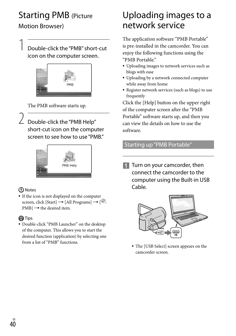 Starting pmb (picture motion browser), Uploading images to a network service, Starting pmb | Picture motion browser) | Sony HDR-CX130 User Manual | Page 40 / 143