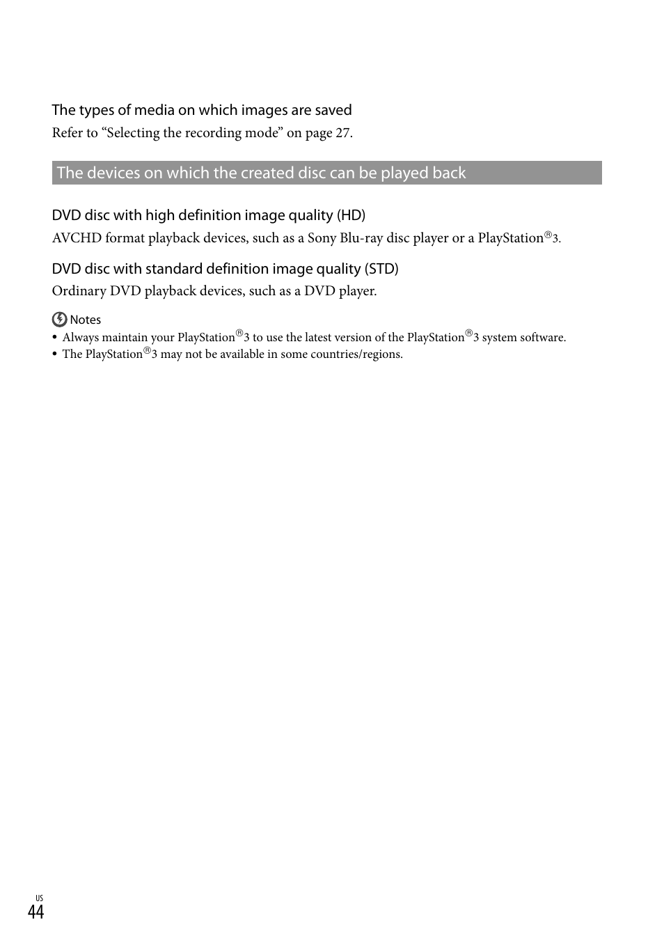 The types of media on which images are saved, Dvd disc with high definition image quality (hd) | Sony HDR-CX130 User Manual | Page 44 / 143