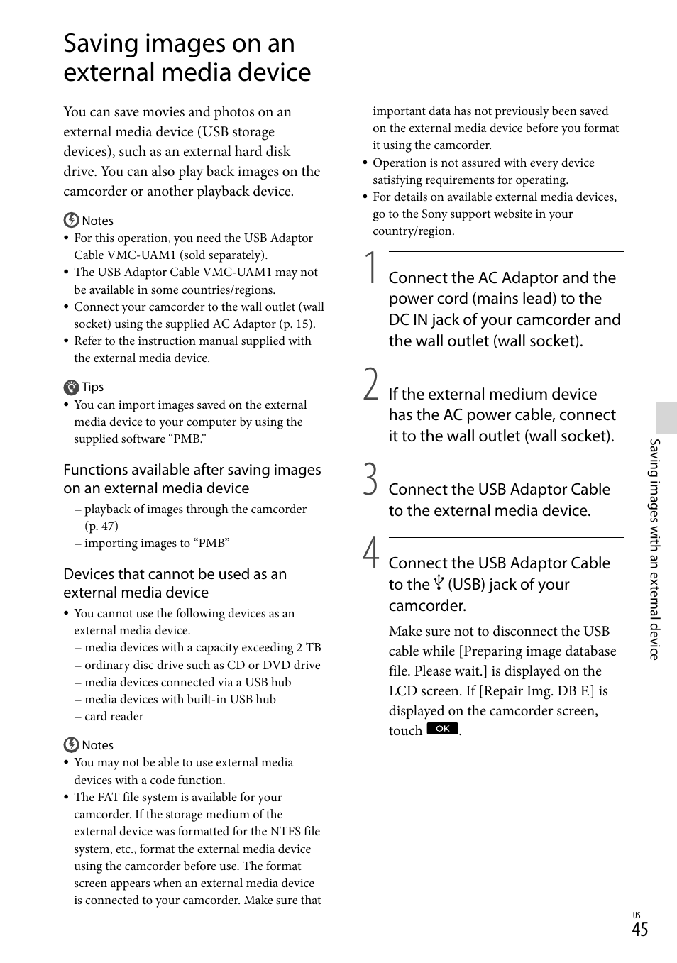 Saving images on an external media device | Sony HDR-CX130 User Manual | Page 45 / 143