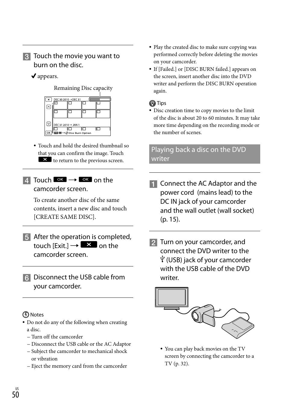 Playing back a disc on the dvd writer, Touch the movie you want to burn on the disc, Touch  on the camcorder screen | Sony HDR-CX130 User Manual | Page 50 / 143
