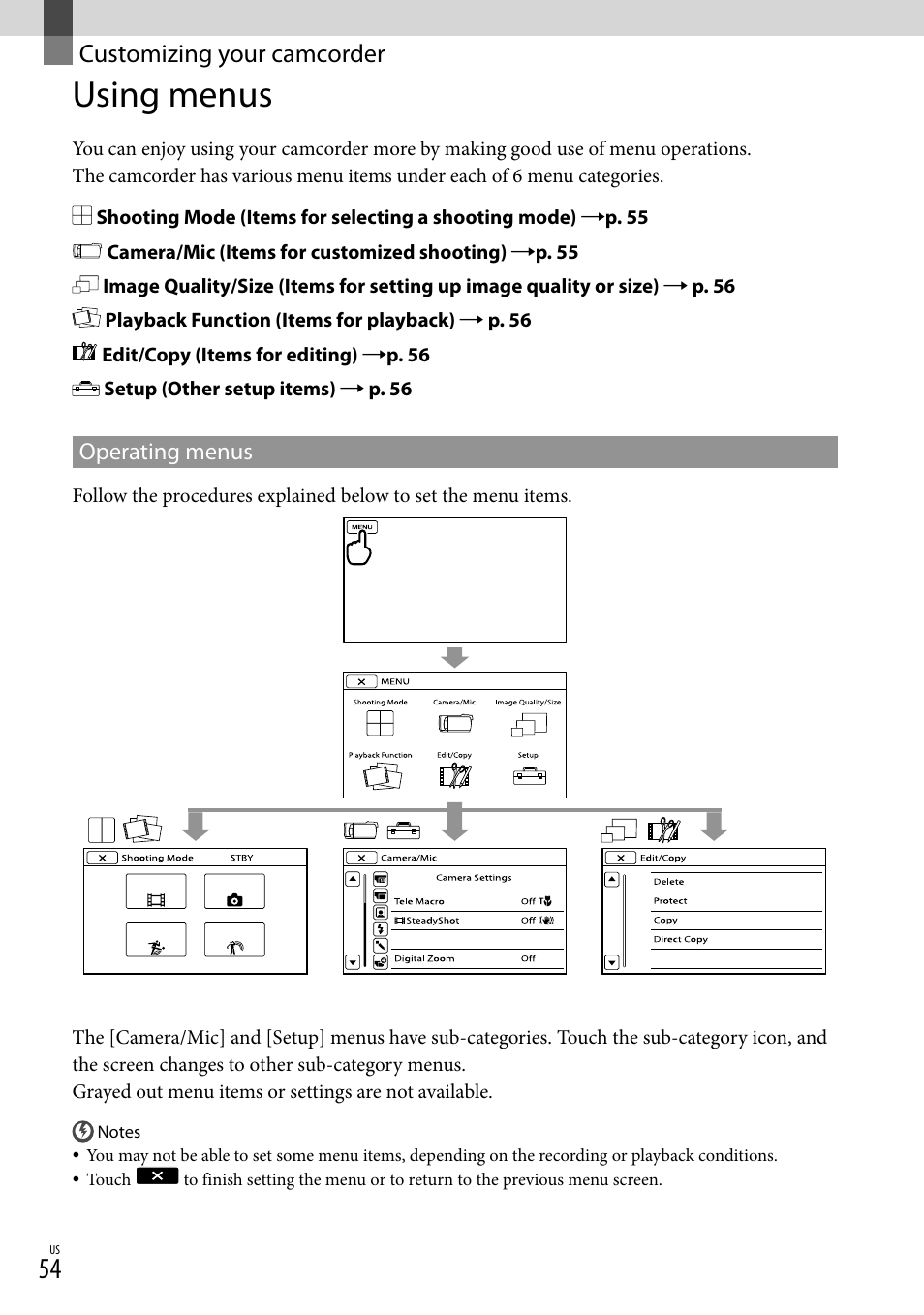 Customizing your camcorder, Using menus | Sony HDR-CX130 User Manual | Page 54 / 143