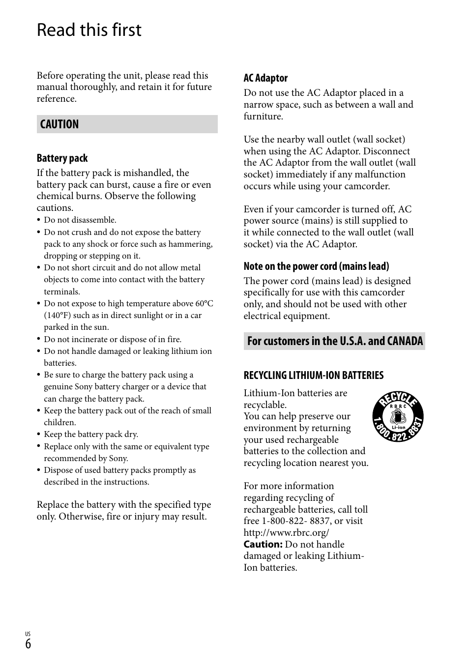 Read this first, Caution, For customers in the u.s.a. and canada | Sony HDR-CX130 User Manual | Page 6 / 143
