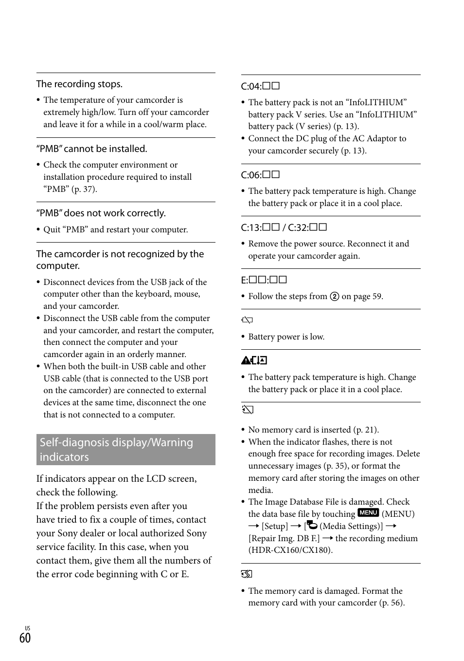 Self-diagnosis display/warning indicators | Sony HDR-CX130 User Manual | Page 60 / 143