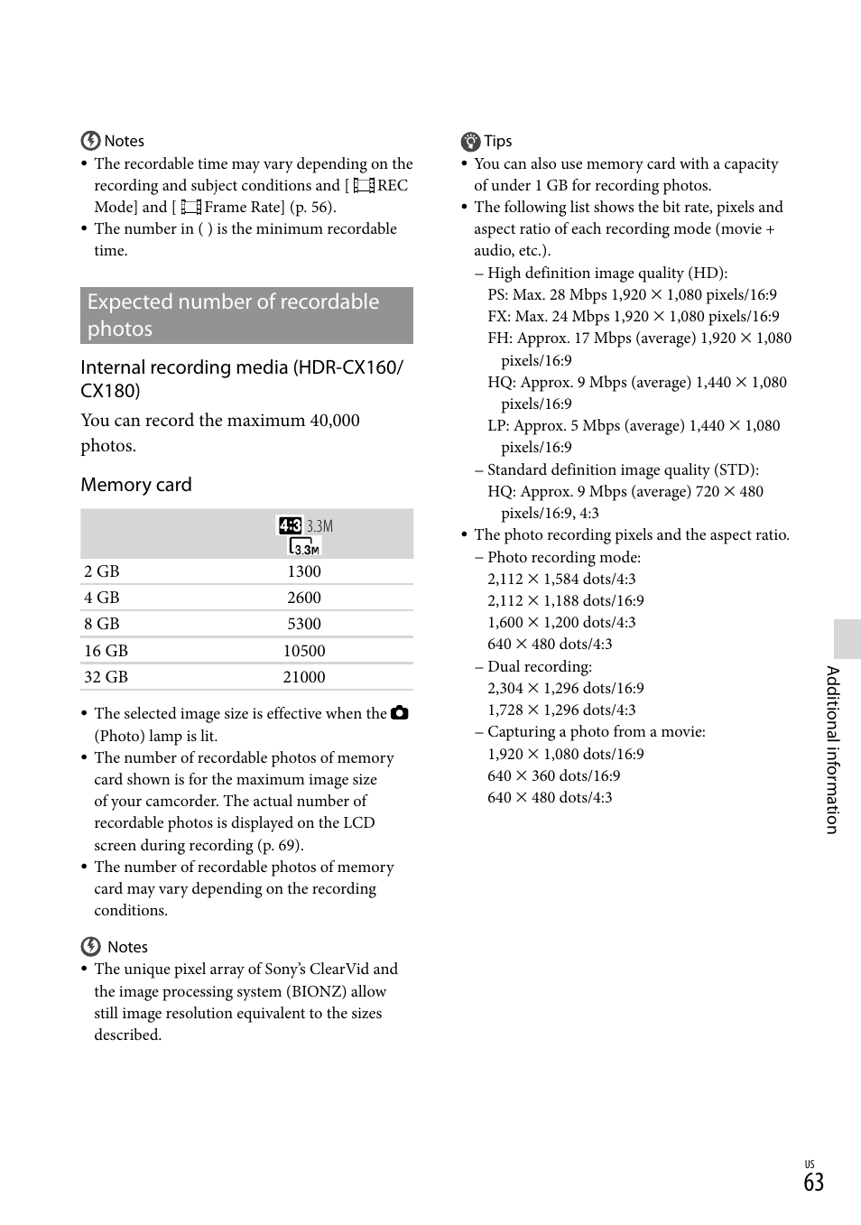 Expected number of recordable photos | Sony HDR-CX130 User Manual | Page 63 / 143