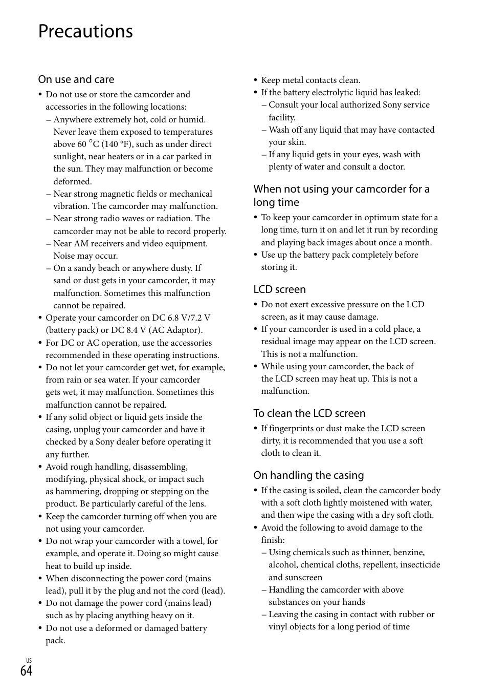 Precautions, On use and care, When not using your camcorder for a long time | Lcd screen, On handling the casing | Sony HDR-CX130 User Manual | Page 64 / 143