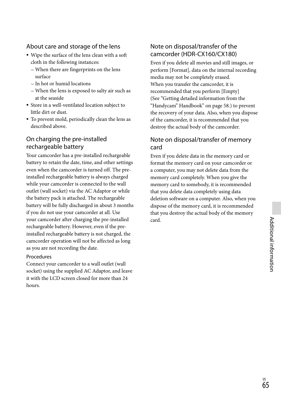About care and storage of the lens, On charging the pre-installed rechargeable battery | Sony HDR-CX130 User Manual | Page 65 / 143