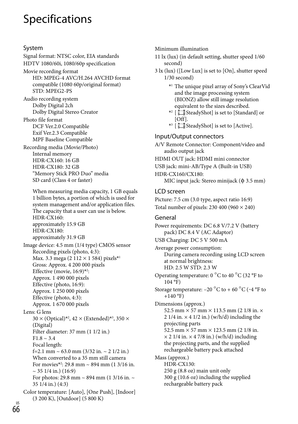 Specifications, System, Input/output connectors | Lcd screen, General | Sony HDR-CX130 User Manual | Page 66 / 143
