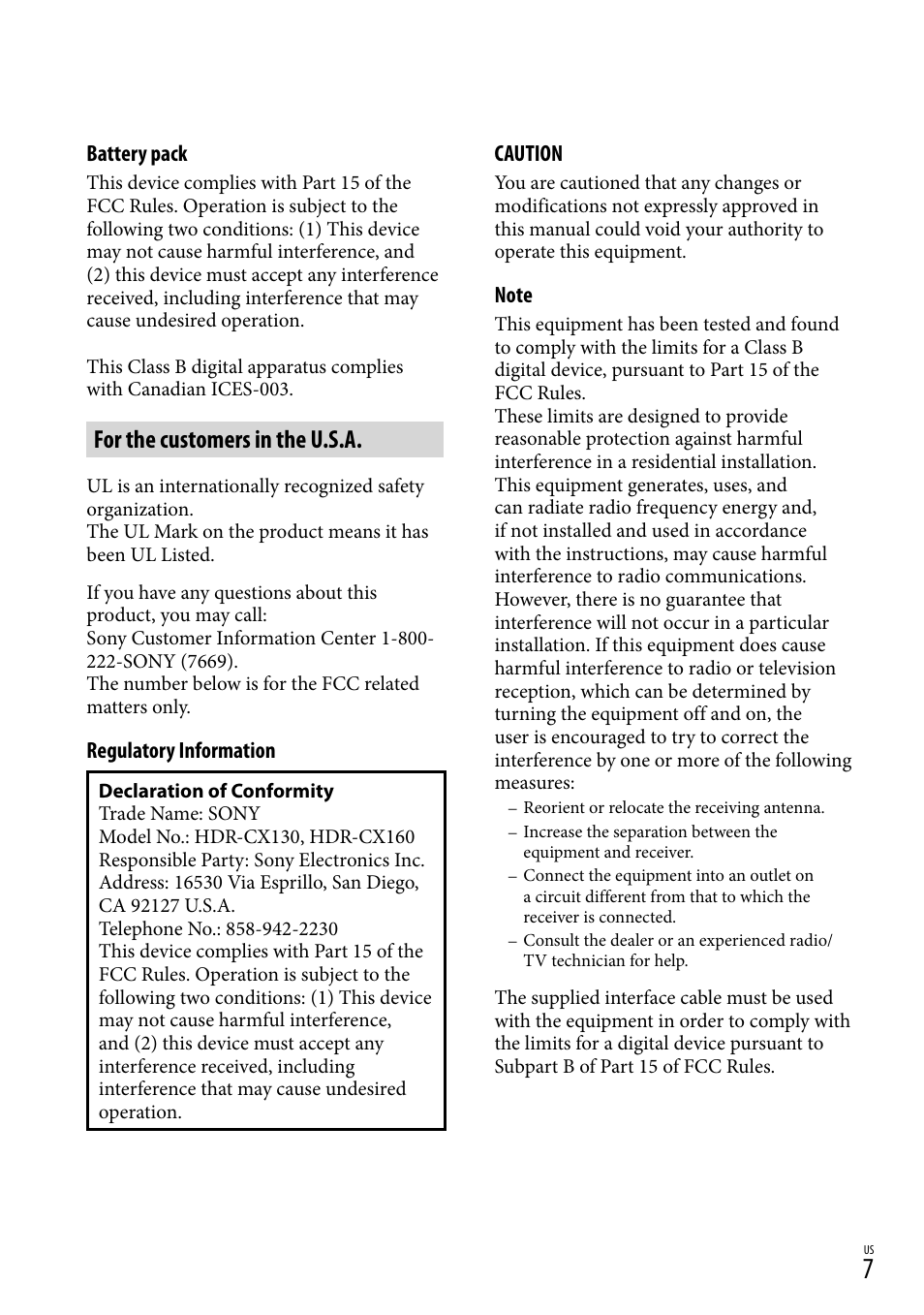 For the customers in the u.s.a | Sony HDR-CX130 User Manual | Page 7 / 143