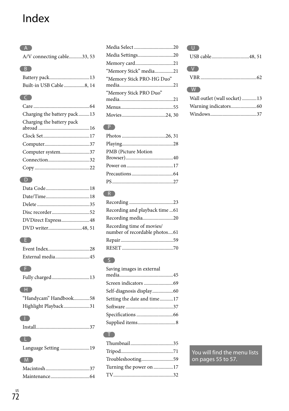 Index | Sony HDR-CX130 User Manual | Page 72 / 143