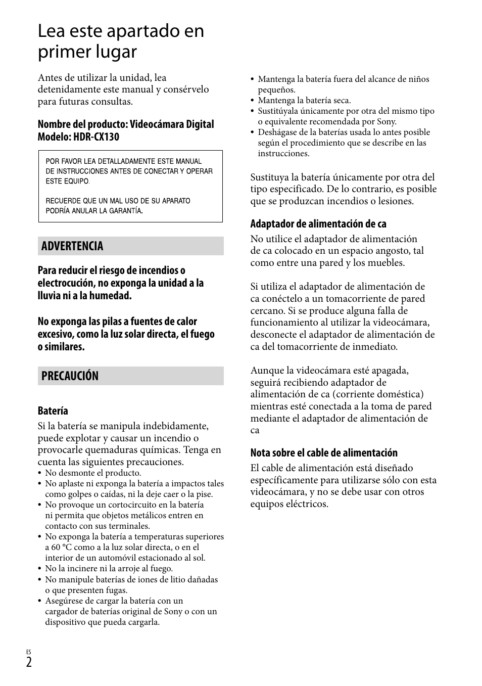 Lea este apartado en primer lugar, Advertencia, Precaución | Sony HDR-CX130 User Manual | Page 74 / 143