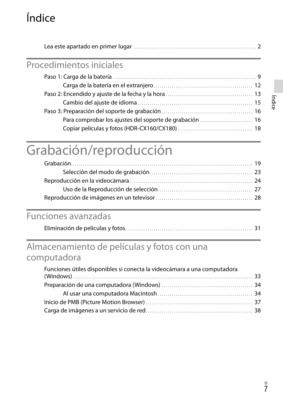 Índice, Grabación/reproducción, Procedimientos iniciales | Funciones avanzadas | Sony HDR-CX130 User Manual | Page 79 / 143