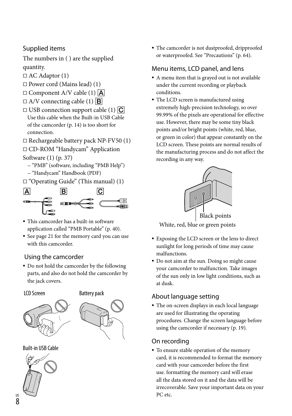 Supplied items, Using the camcorder, Menu items, lcd panel, and lens | About language setting, On recording | Sony HDR-CX130 User Manual | Page 8 / 143