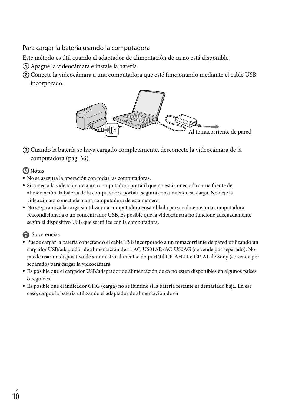 10) es dem, Para cargar la batería usando la computadora | Sony HDR-CX130 User Manual | Page 82 / 143