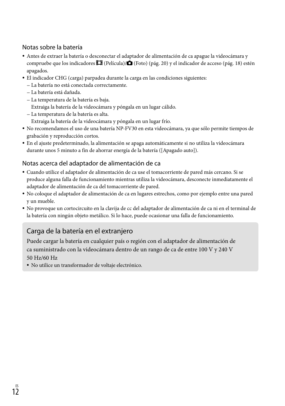 Carga de la batería en el extranjero, Notas sobre la batería, Notas acerca del adaptador de alimentación de ca | Sony HDR-CX130 User Manual | Page 84 / 143