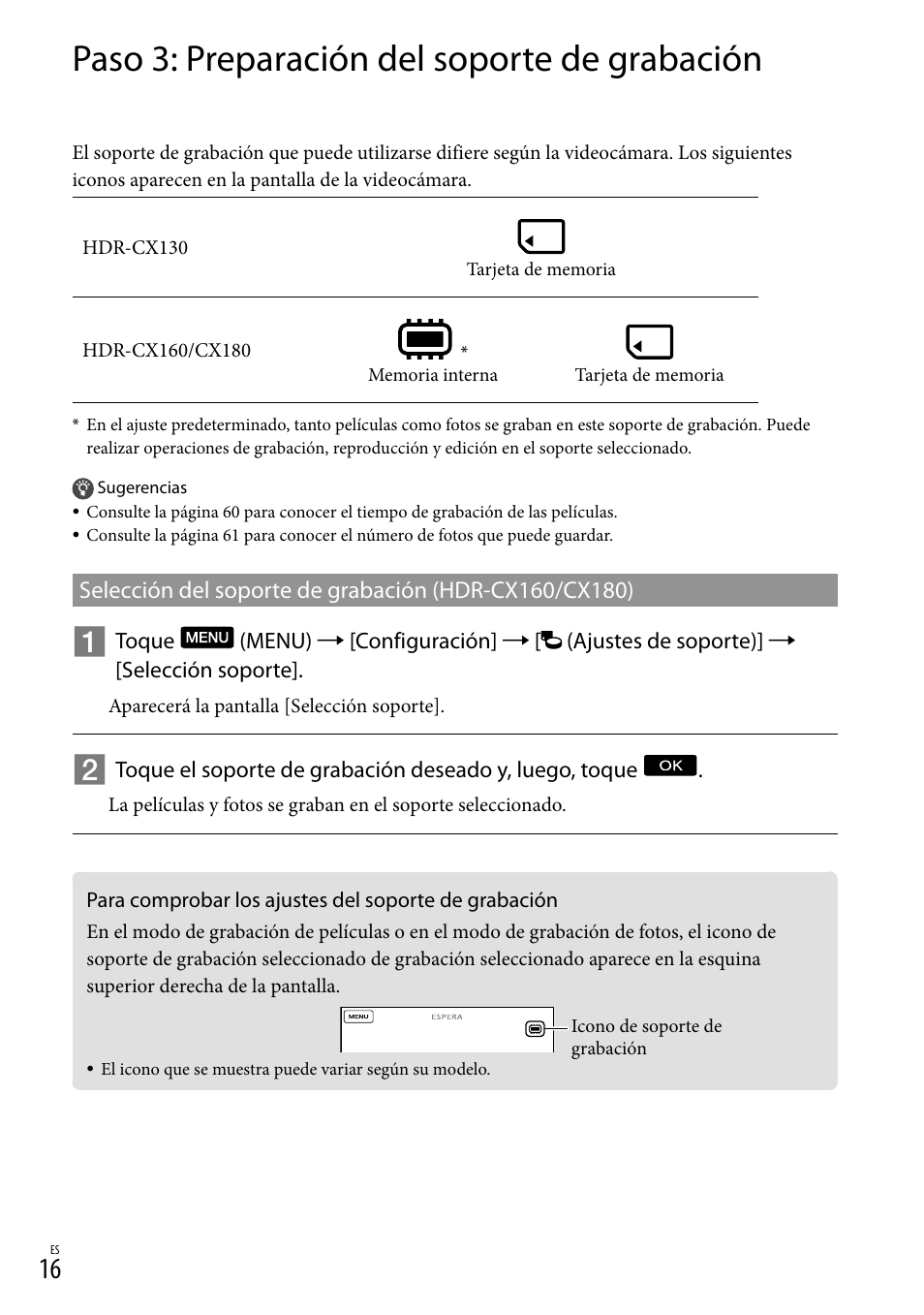 Paso 3: preparación del soporte de grabación | Sony HDR-CX130 User Manual | Page 88 / 143