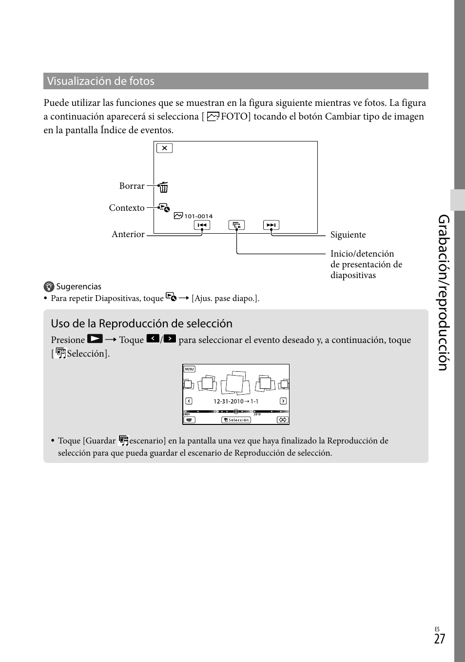 Uso de la reproducción de selección, Gr abación/r epr oduc ción | Sony HDR-CX130 User Manual | Page 99 / 143