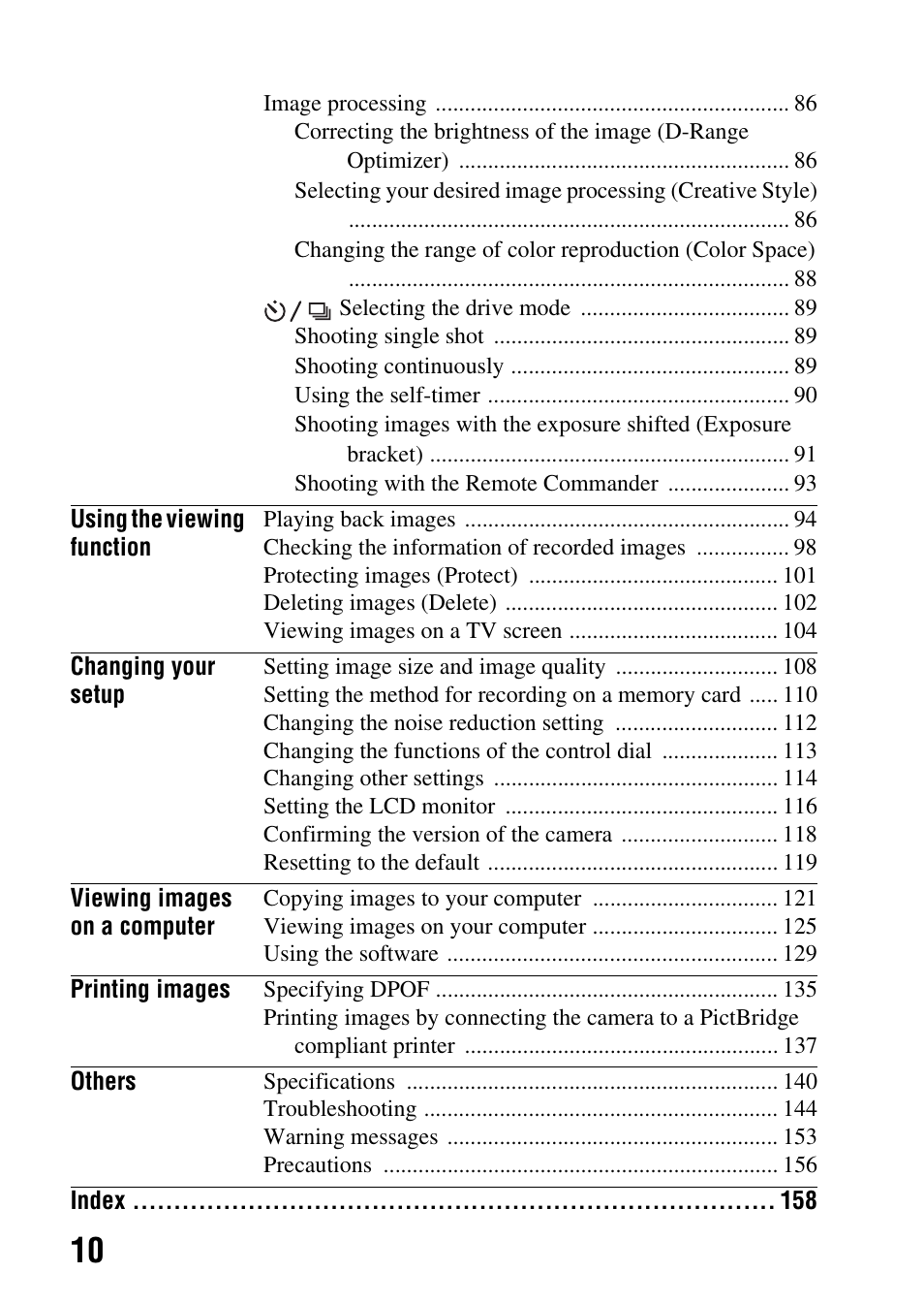 Sony DSLR-A290 User Manual | Page 10 / 162