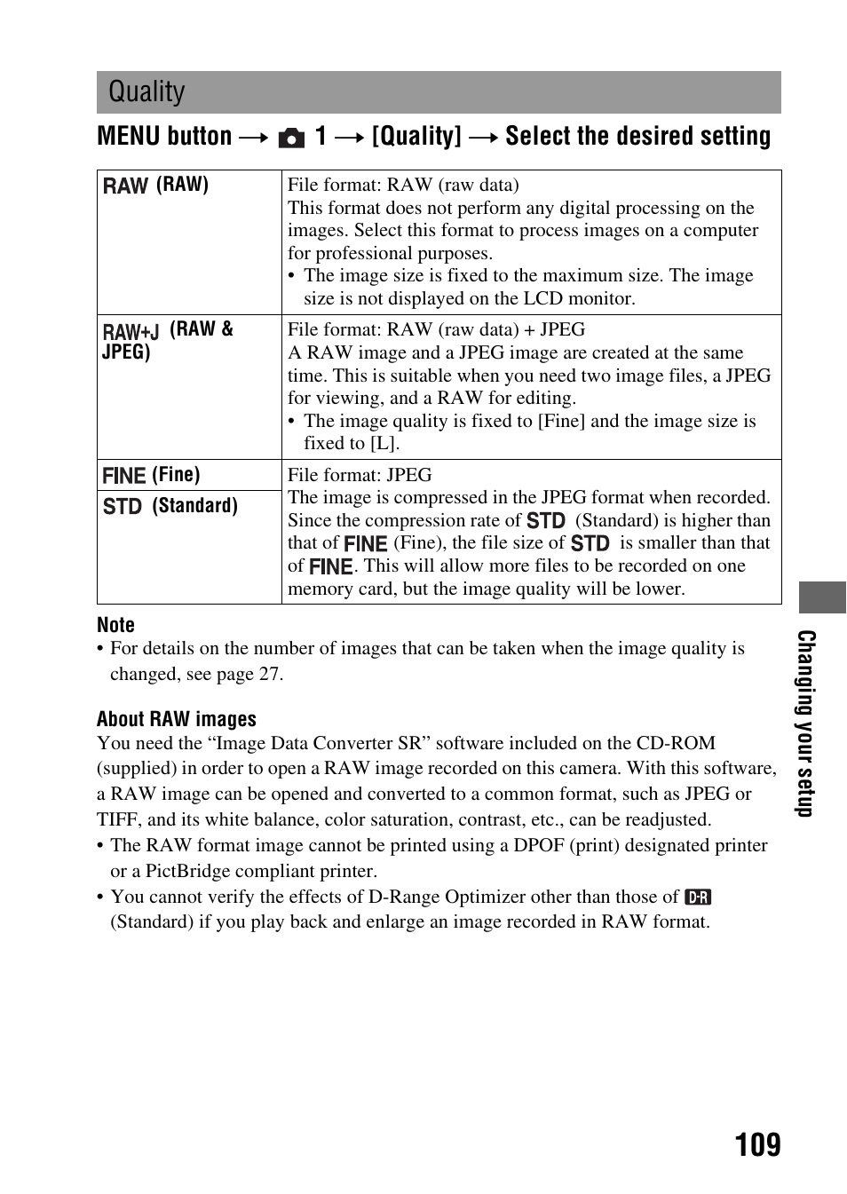 Y (109), Quality | Sony DSLR-A290 User Manual | Page 109 / 162