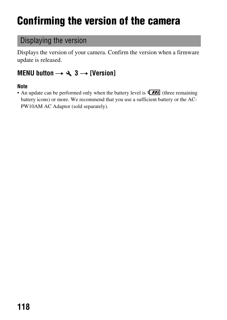 Confirming the version of the camera | Sony DSLR-A290 User Manual | Page 118 / 162