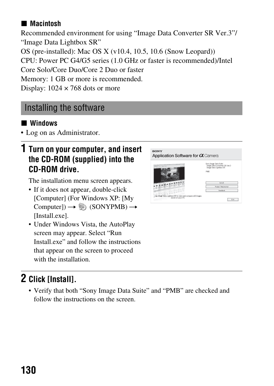 Installing the software | Sony DSLR-A290 User Manual | Page 130 / 162