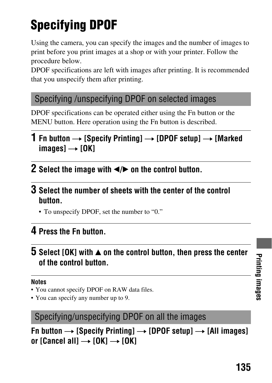 Printing images, Specifying dpof, Ng (135) | Dpof set (135) | Sony DSLR-A290 User Manual | Page 135 / 162