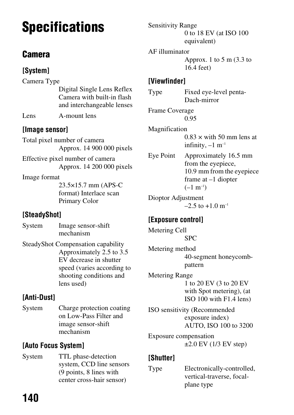 Others, Specifications, Camera | Sony DSLR-A290 User Manual | Page 140 / 162