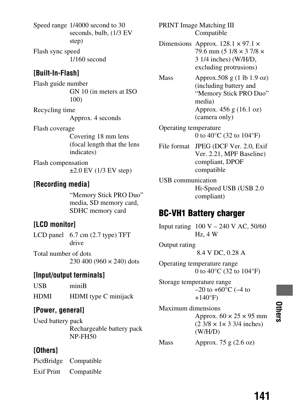 Bc-vh1 battery charger | Sony DSLR-A290 User Manual | Page 141 / 162