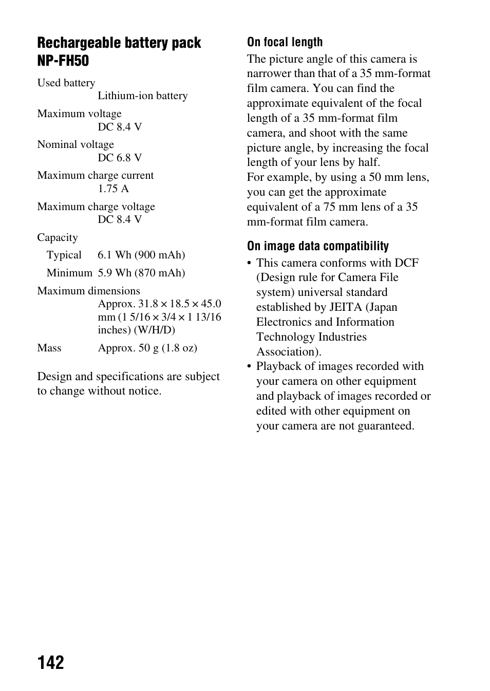 Rechargeable battery pack np-fh50 | Sony DSLR-A290 User Manual | Page 142 / 162