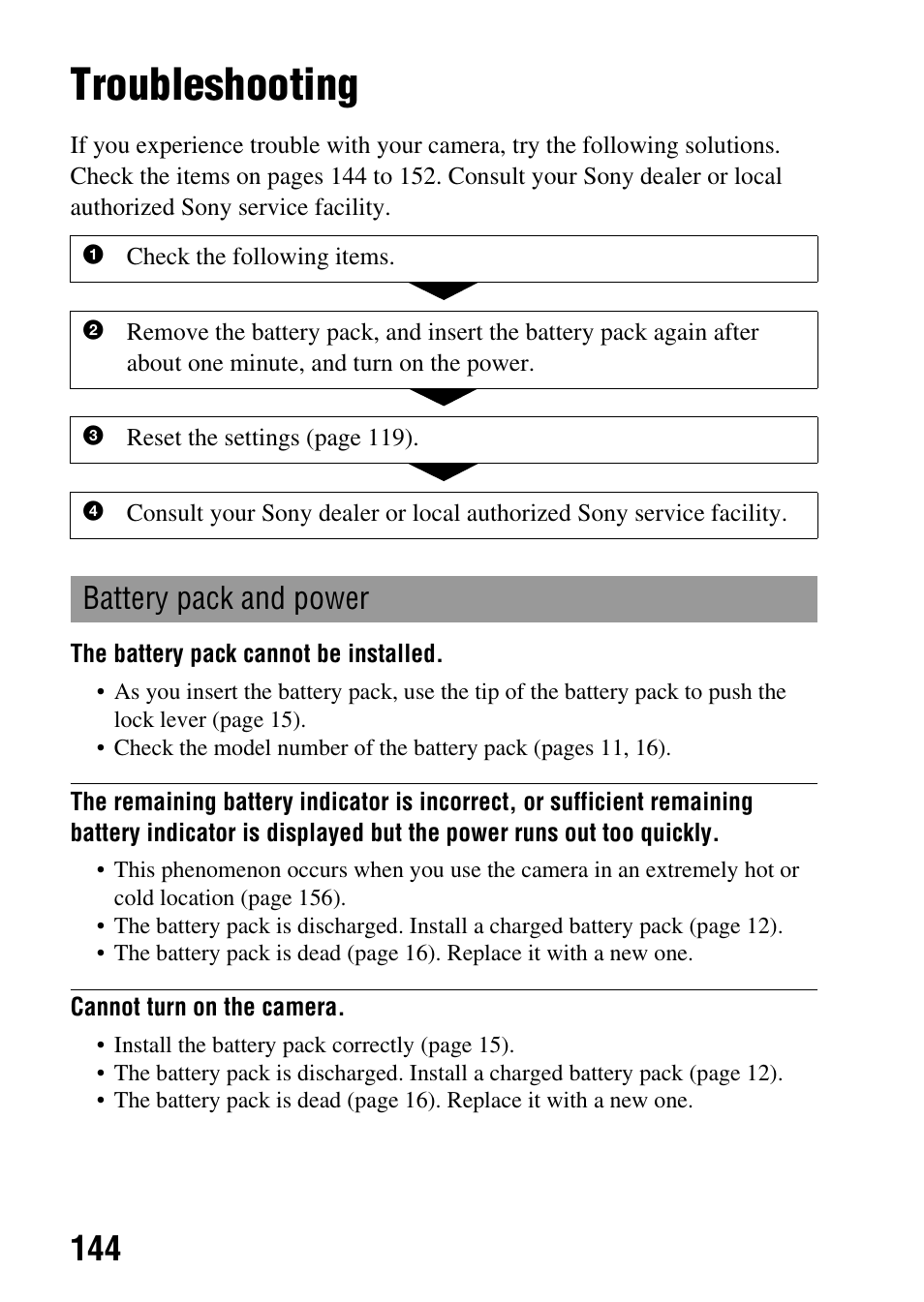 Troubleshooting, Battery pack and power | Sony DSLR-A290 User Manual | Page 144 / 162