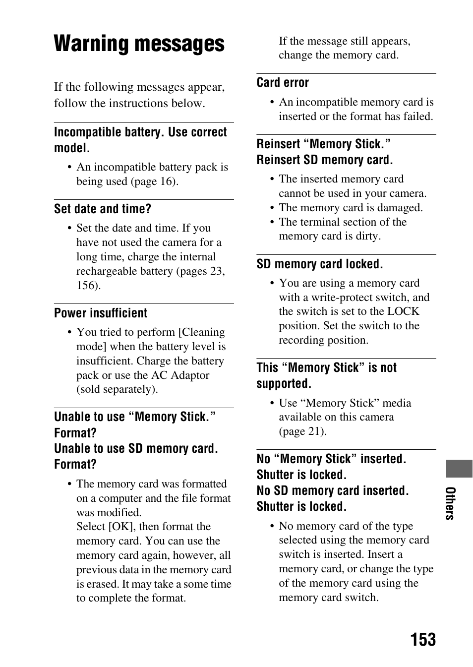 Warning messages | Sony DSLR-A290 User Manual | Page 153 / 162
