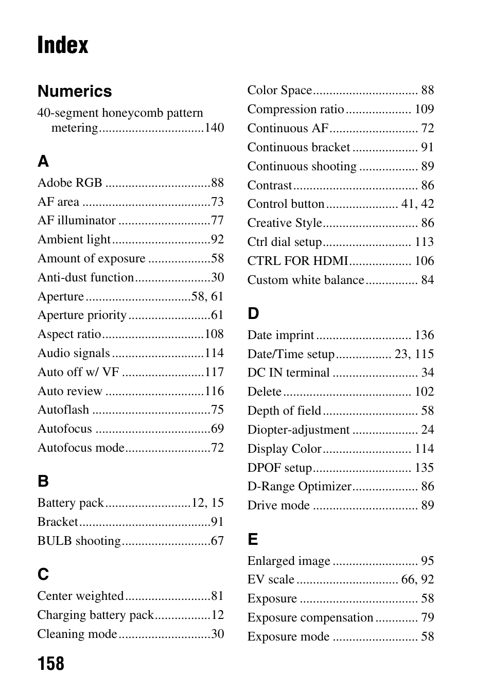 Index, Numerics | Sony DSLR-A290 User Manual | Page 158 / 162