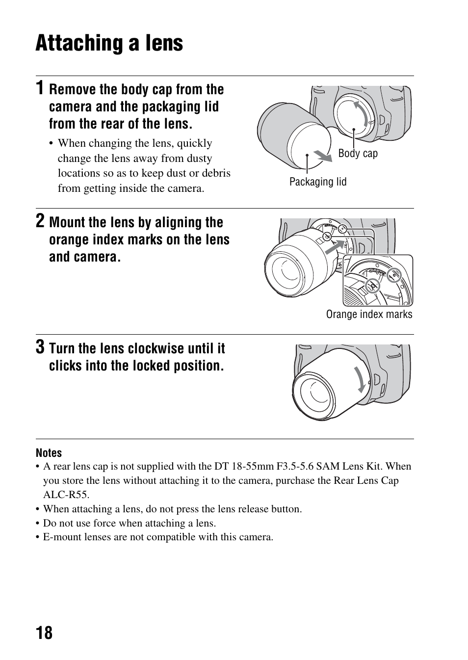 Attaching a lens | Sony DSLR-A290 User Manual | Page 18 / 162