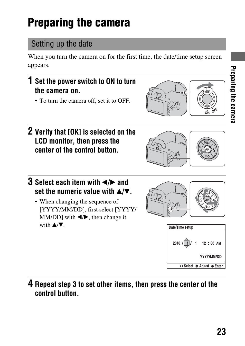 Preparing the camera | Sony DSLR-A290 User Manual | Page 23 / 162