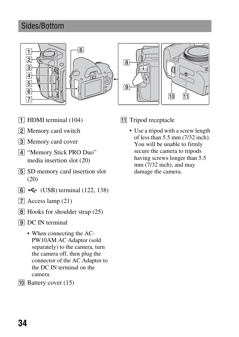 Sides/bottom | Sony DSLR-A290 User Manual | Page 34 / 162