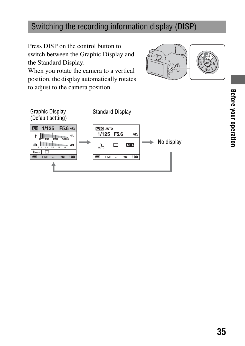 Switching the recording information display (disp) | Sony DSLR-A290 User Manual | Page 35 / 162