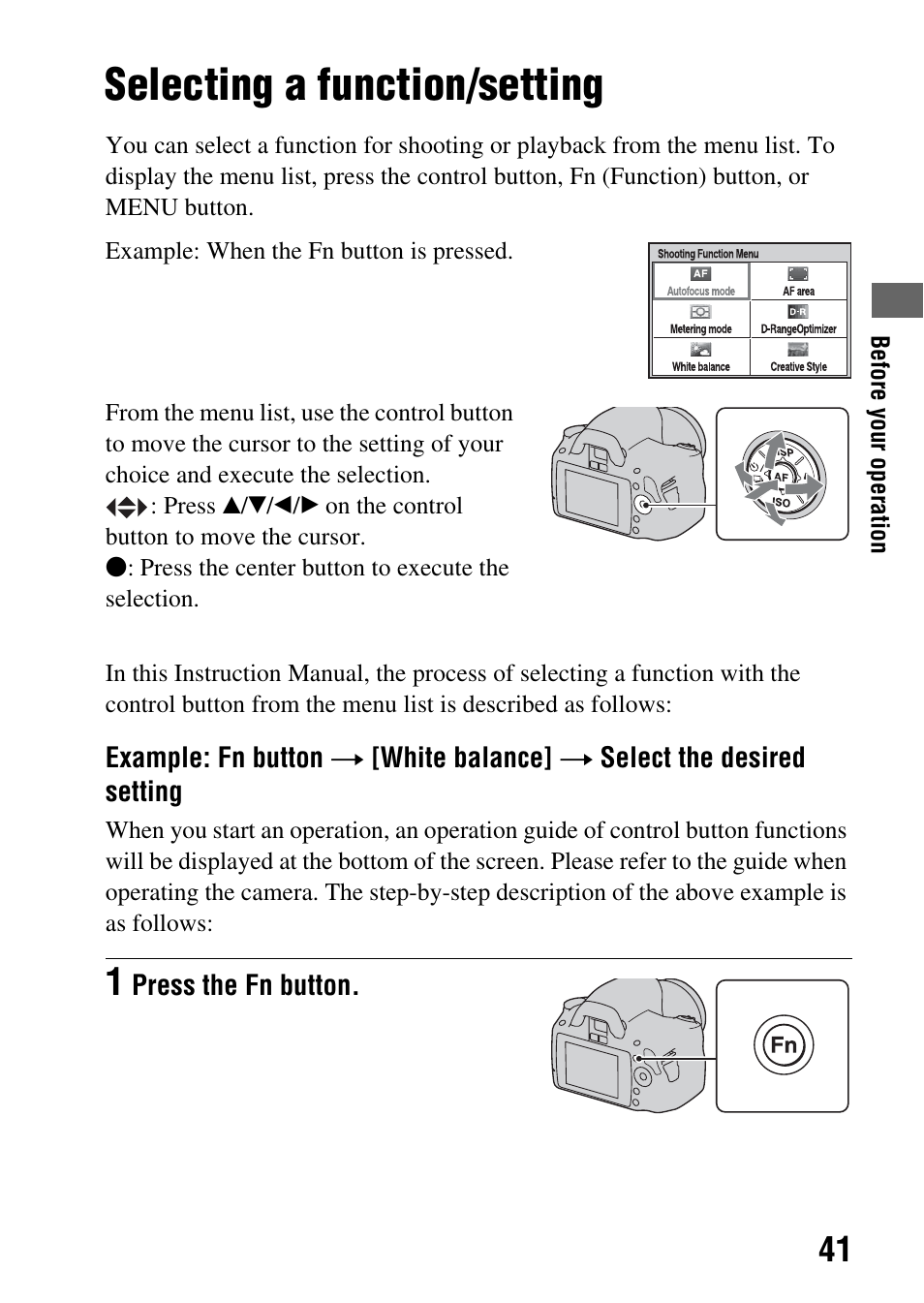 Selecting a function/setting | Sony DSLR-A290 User Manual | Page 41 / 162