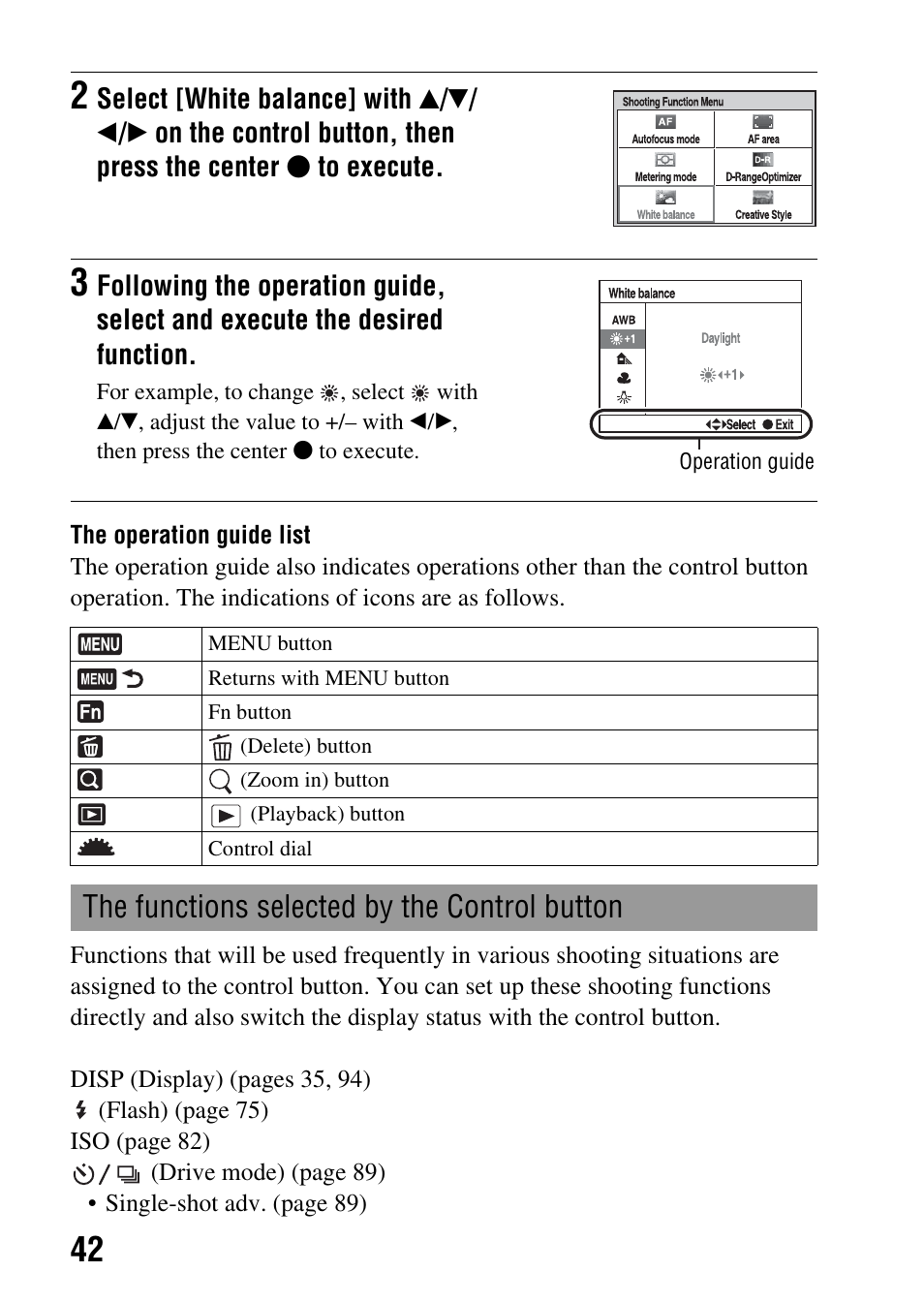 The functions selected by the control button | Sony DSLR-A290 User Manual | Page 42 / 162