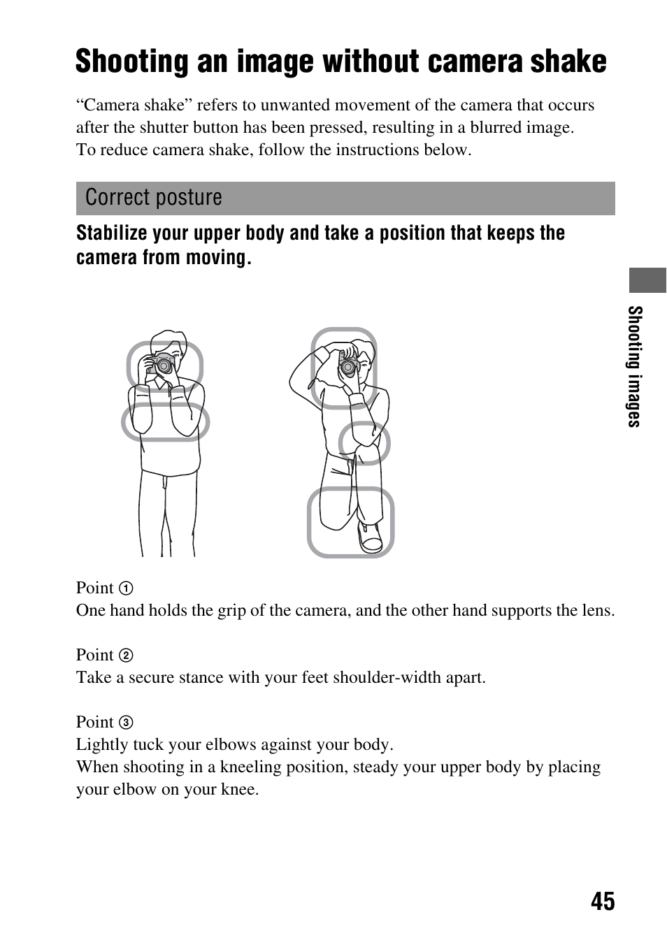 Shooting images, Shooting an image without camera shake, Correct posture | Sony DSLR-A290 User Manual | Page 45 / 162