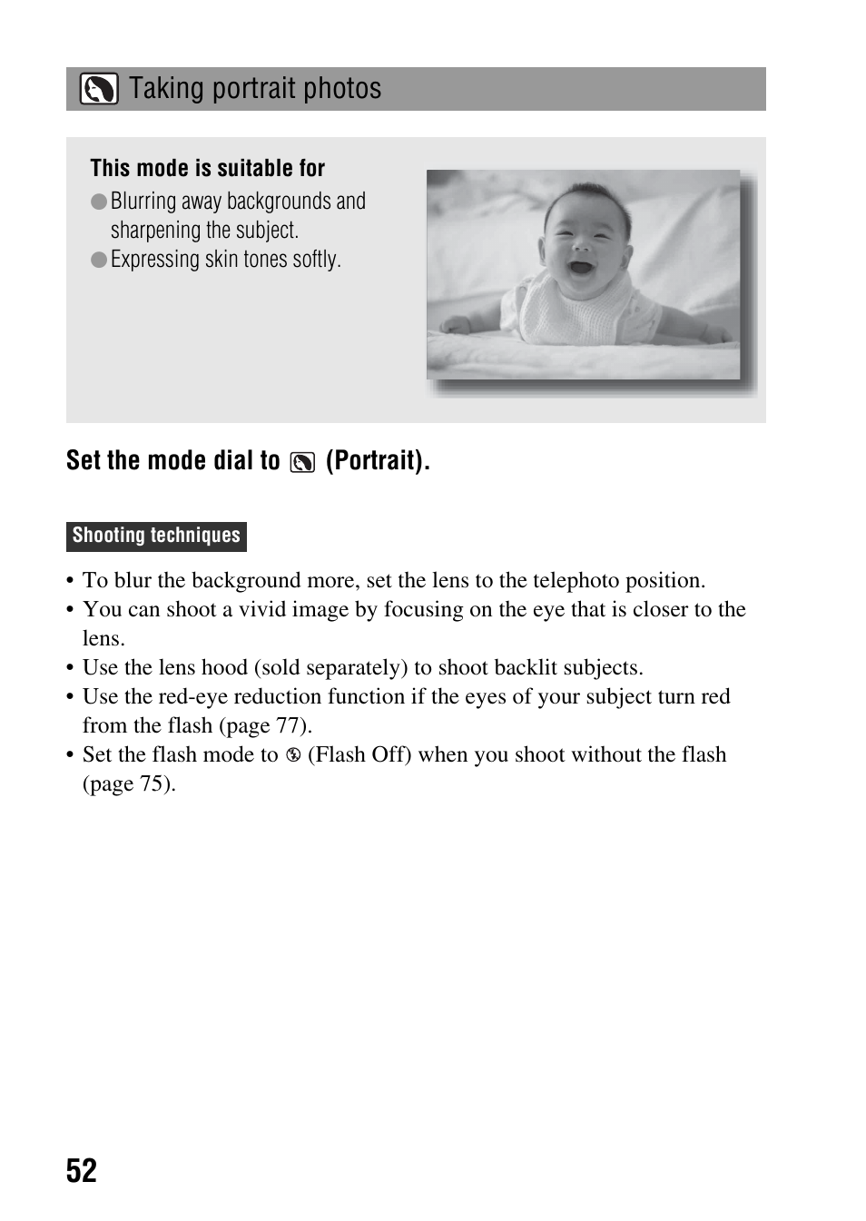 Taking portrait photos | Sony DSLR-A290 User Manual | Page 52 / 162