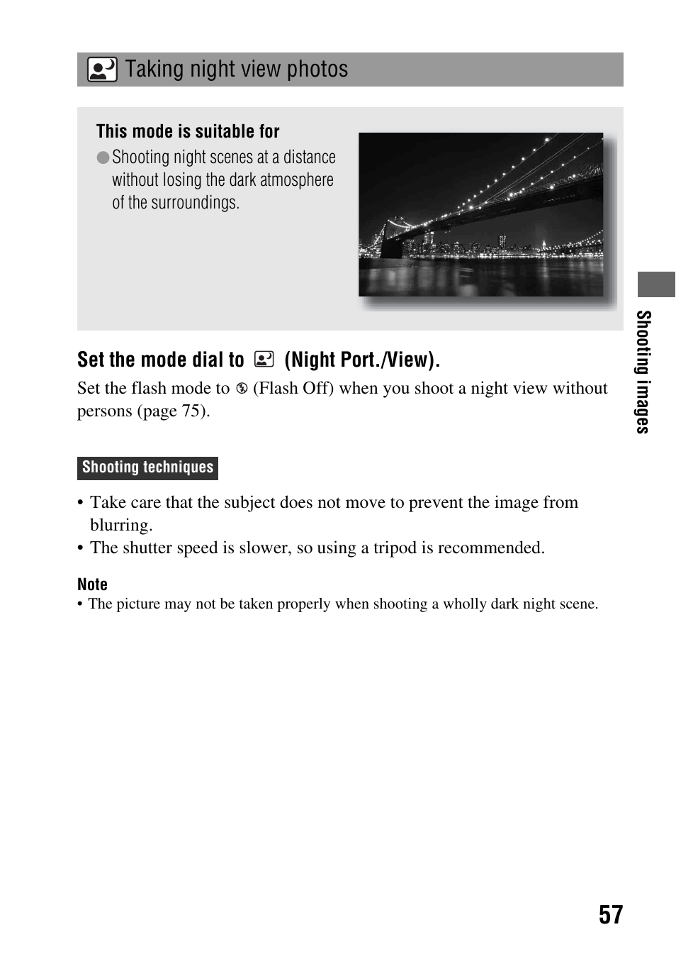 Taking night view photos | Sony DSLR-A290 User Manual | Page 57 / 162