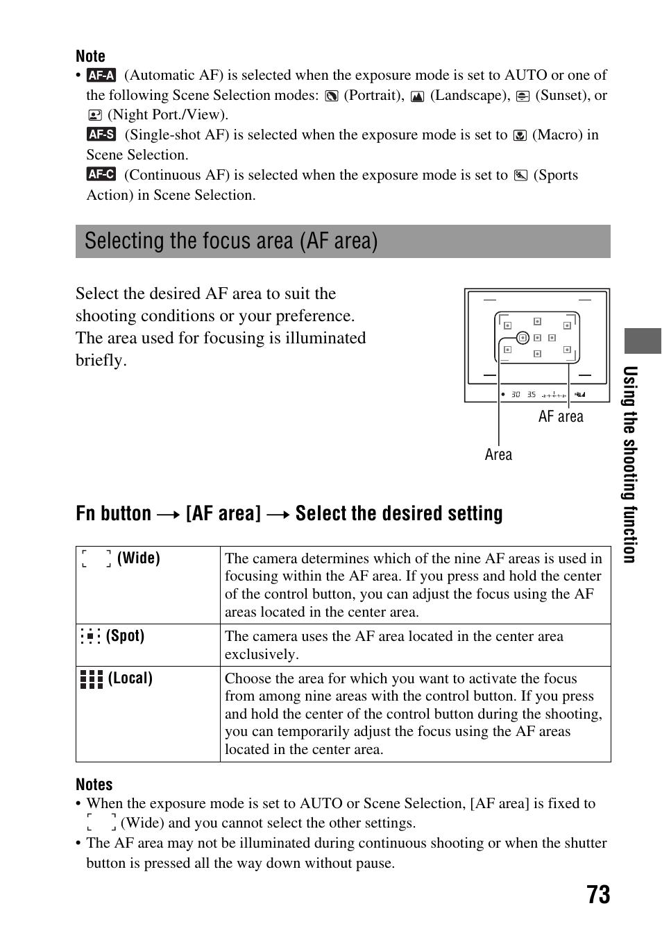 Selecting the focus area (af area), Tton (73), Af area (73) | Fn button t [af area] t select the desired setting | Sony DSLR-A290 User Manual | Page 73 / 162