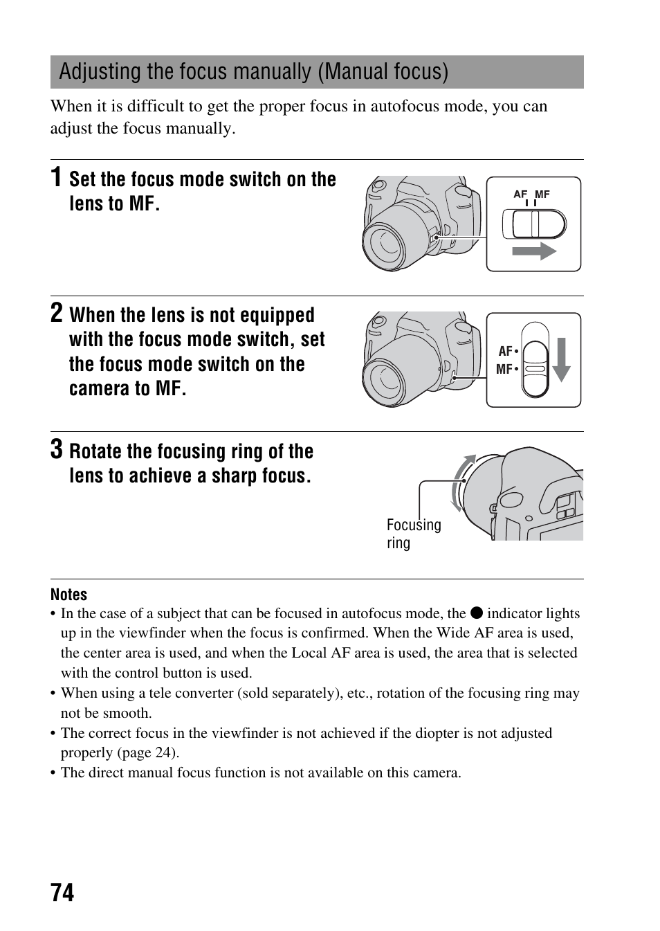 Adjusting the focus manually (manual focus) | Sony DSLR-A290 User Manual | Page 74 / 162