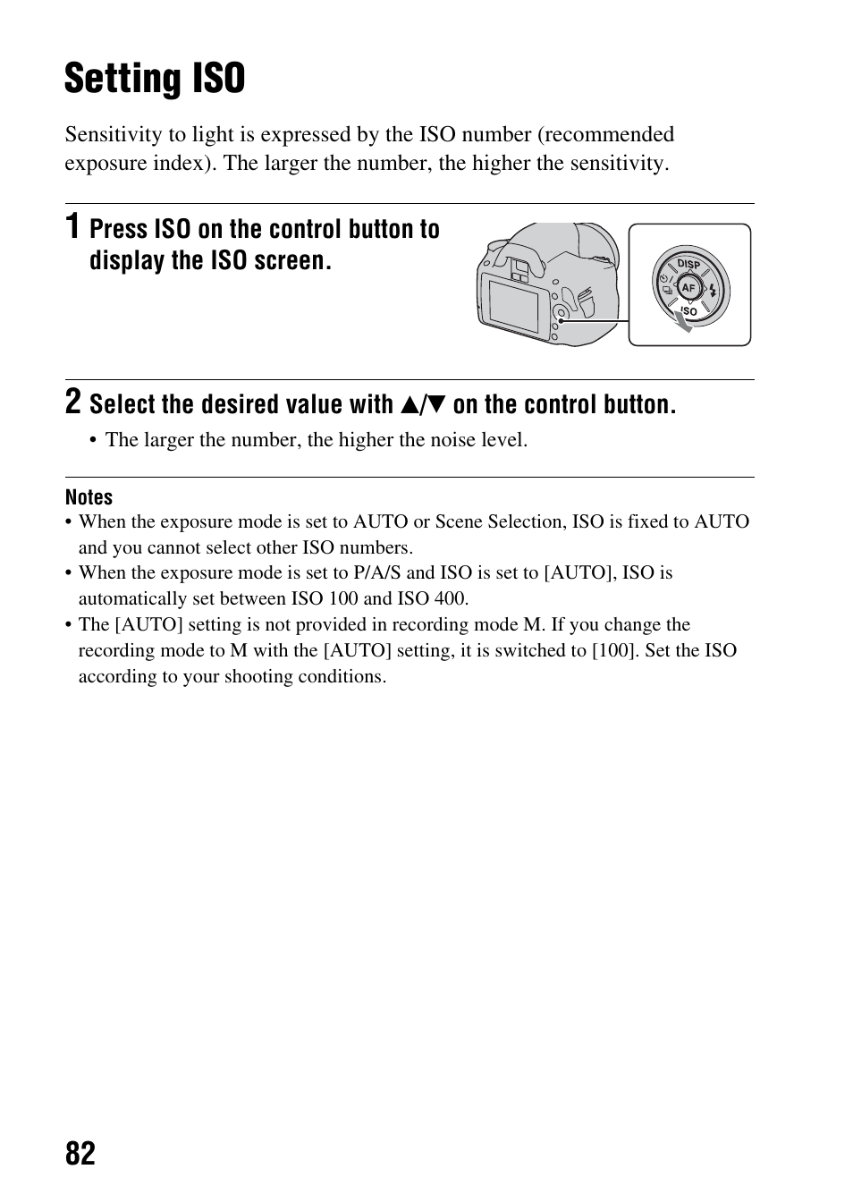Setting iso | Sony DSLR-A290 User Manual | Page 82 / 162